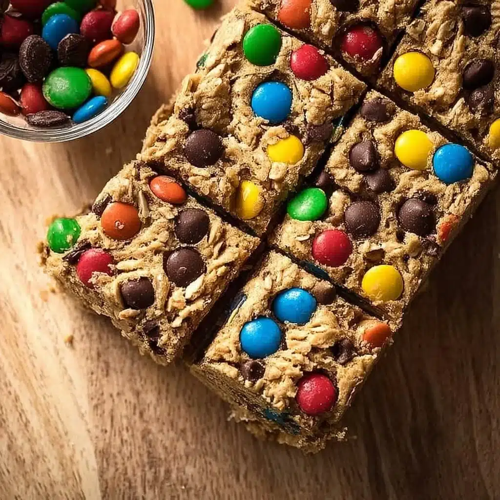 Delicious chocolate chip oatmeal cookie bars on a rustic wooden table