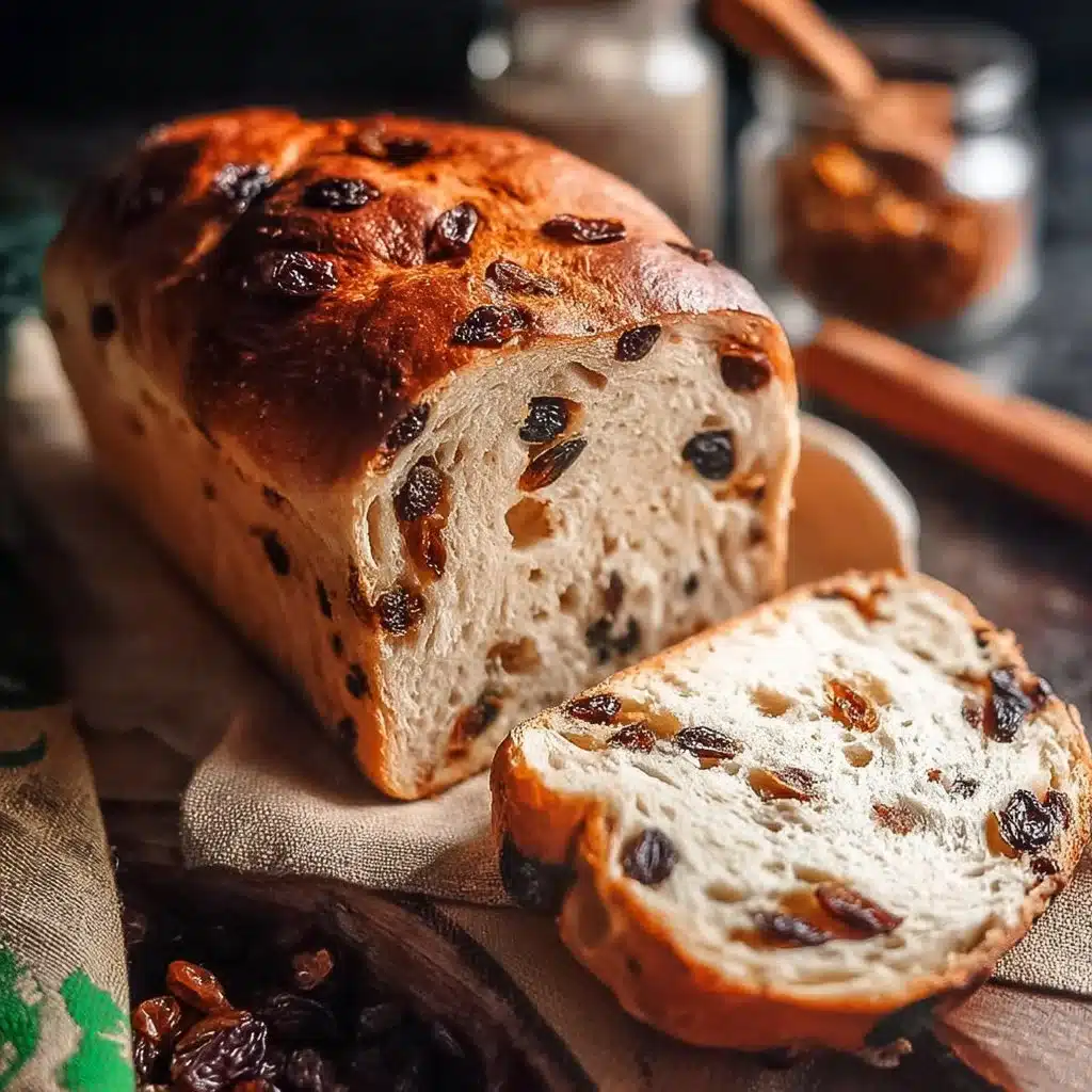 Freshly baked cinnamon raisin bread with golden crust and plump raisins