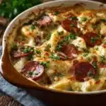 A hearty serving of Crockpot Pierogi Casserole with Kielbasa in a dish