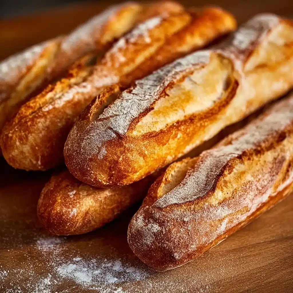 Freshly baked classic French baguette on a wooden table