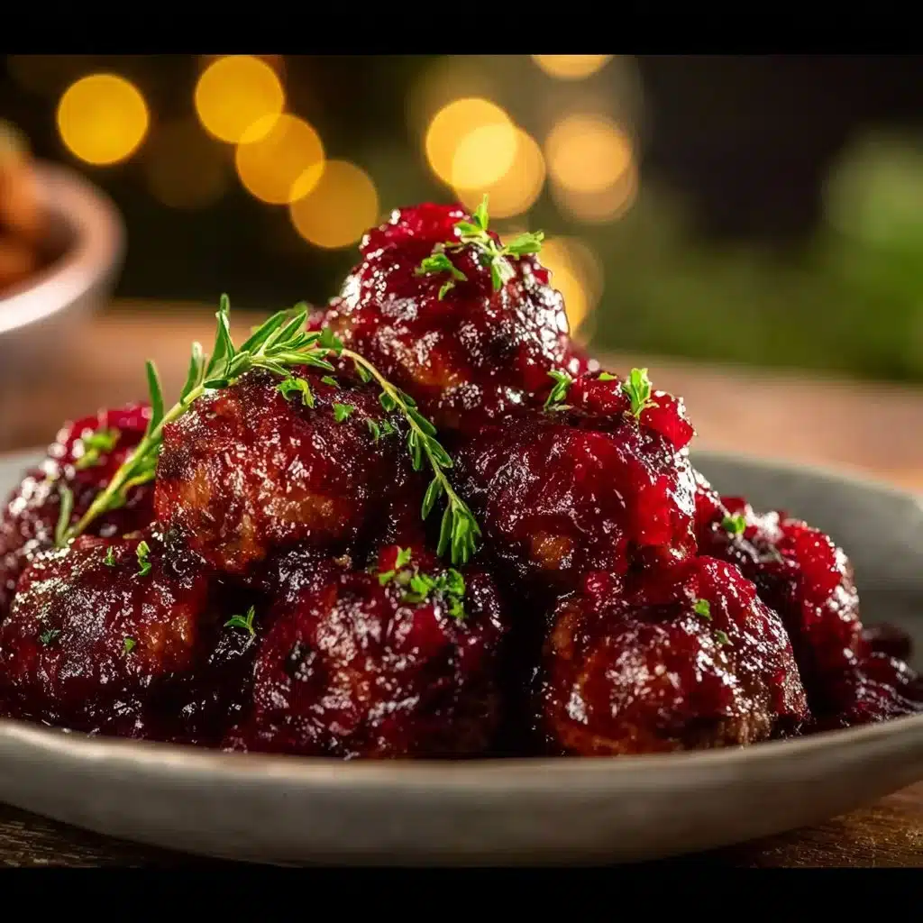 Plate of delicious cranberry meatballs garnished with herbs.