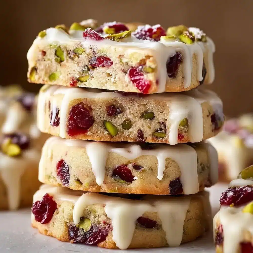 Cranberry pistachio shortbread cookies on a plate, showcasing their delicious texture and vibrant colors.