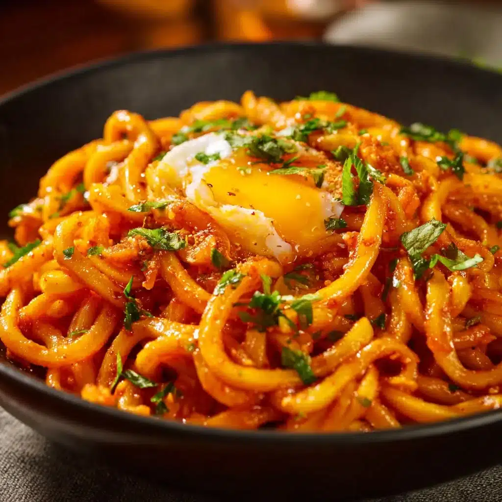 Creamy Gochujang Udon noodles with a spicy sauce in a bowl