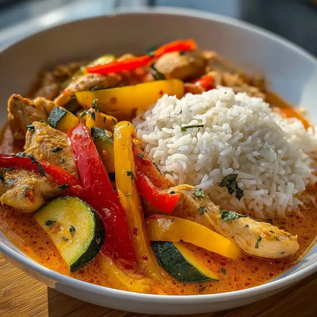 Creamy pepper-zucchini-chicken served on fluffy jasmine rice
