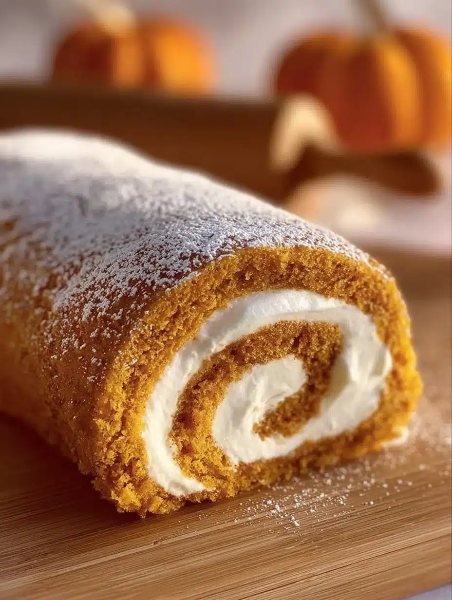 Delicious creamy pumpkin spice roll cake with cream filling on a plate.