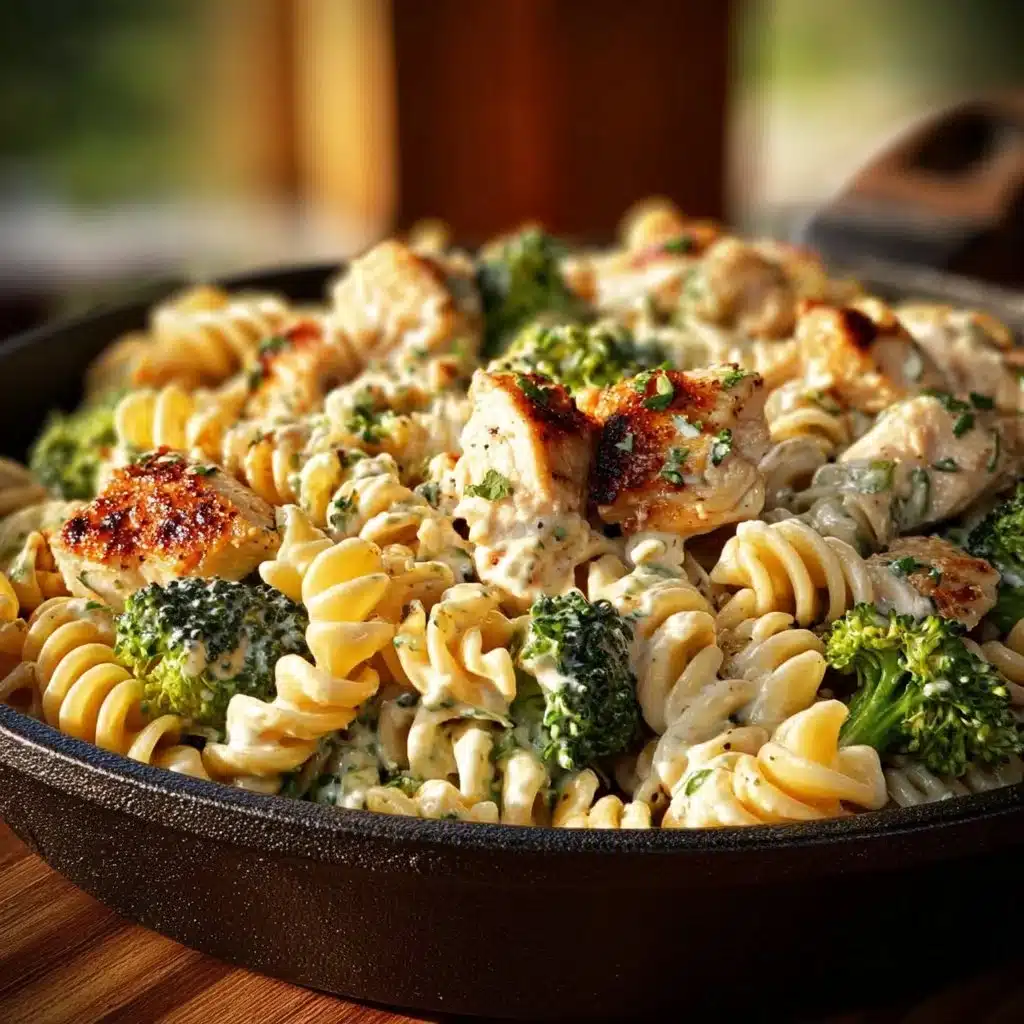 Creamy rotisserie chicken broccoli pasta dish garnished with herbs.