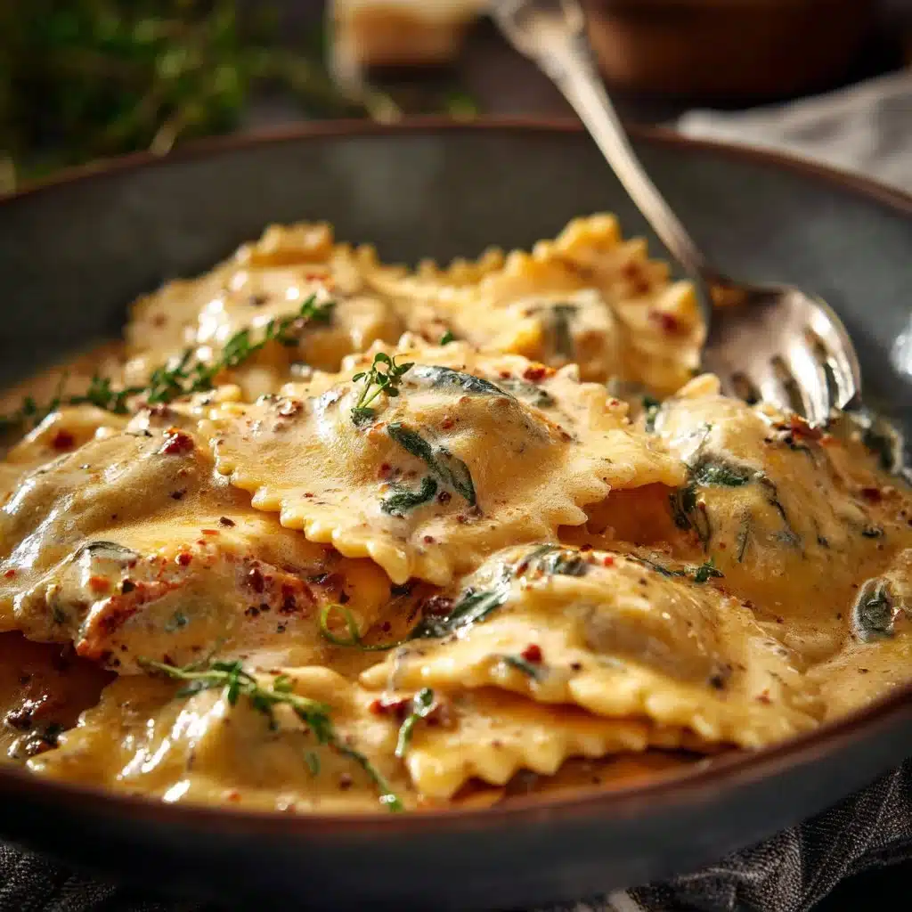 Creamy Tuscan ravioli dish garnished with herbs and served in creamy sauce