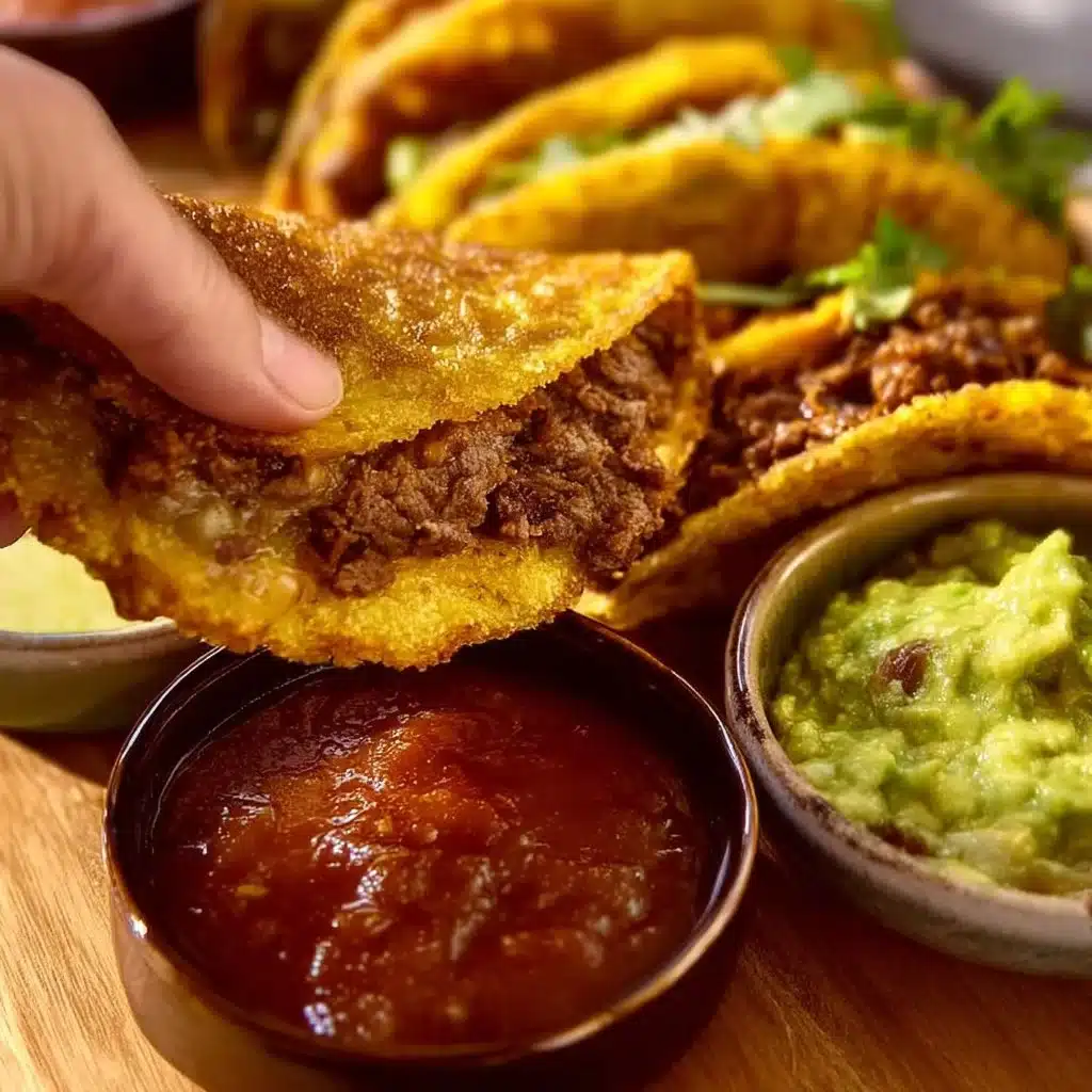 Delicious crispy beef tacos topped with fresh ingredients on a wooden table.