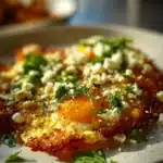 Plate of crispy feta fried eggs garnished with herbs
