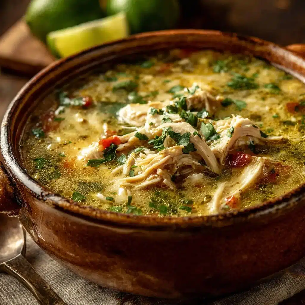 Crock Pot Green Enchilada Chicken Soup garnished with cilantro in a bowl