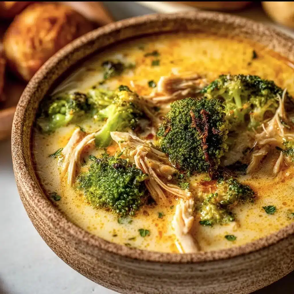 Bowl of creamy Crockpot Cheesy Chicken Broccoli Soup topped with cheese.