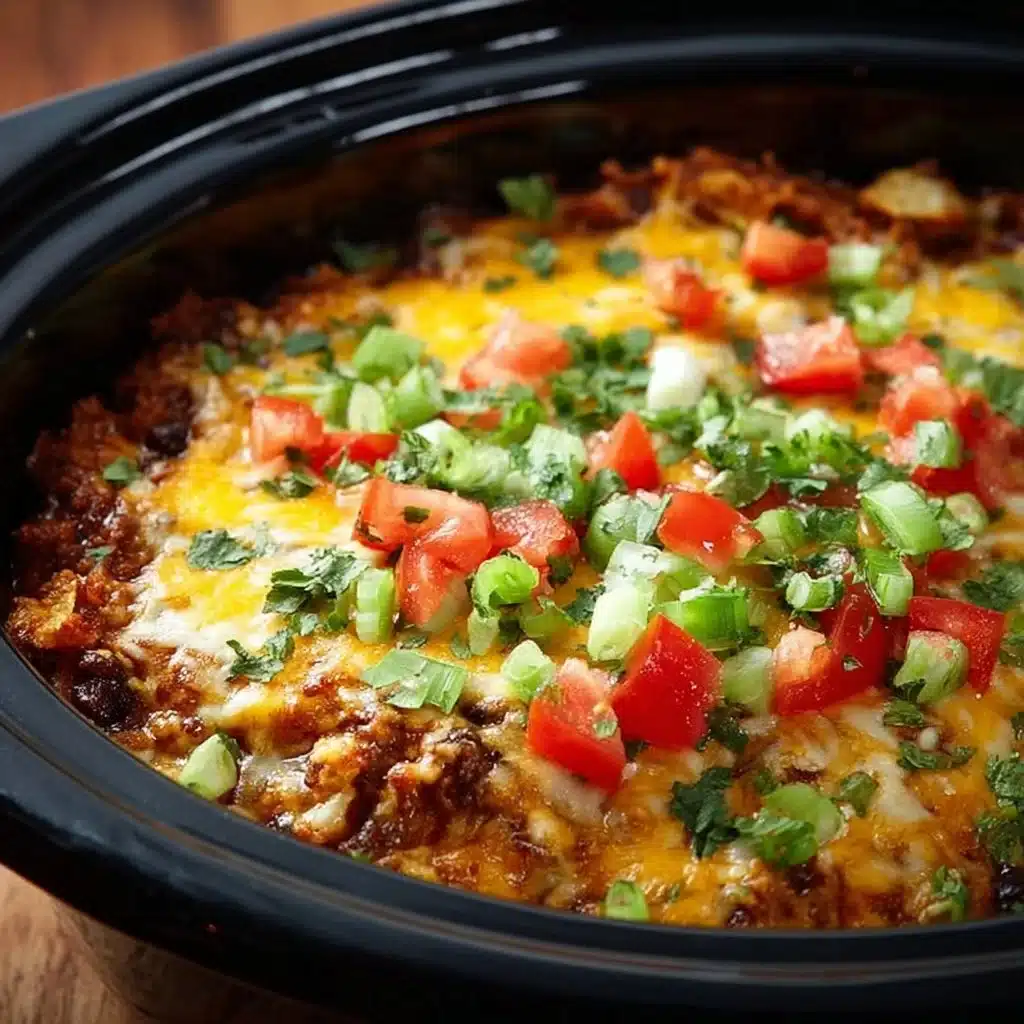 Delicious Crockpot Taco Casserole topped with cheese and fresh ingredients