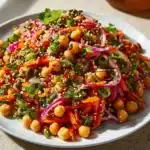 Fresh and colorful Crunchy Thai Chickpea Salad with vibrant vegetables and herbs.