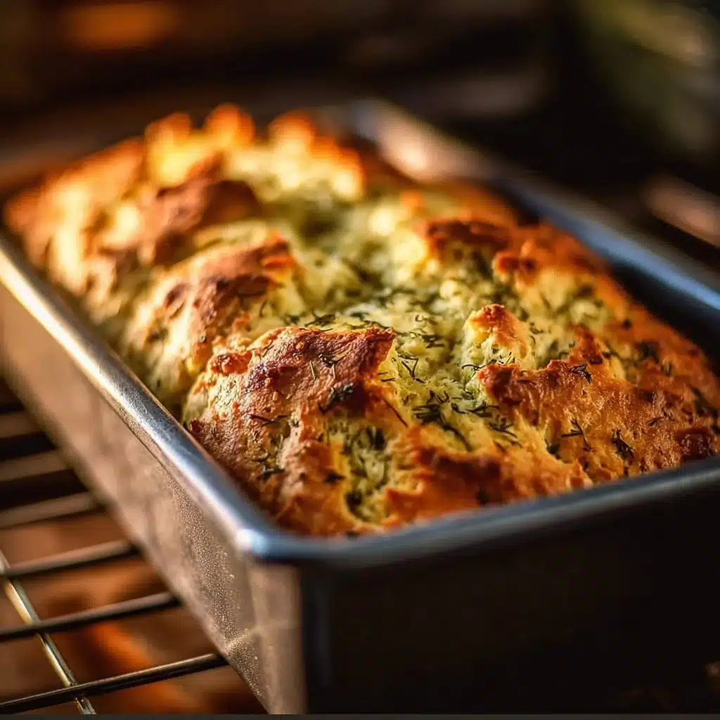 Loaf of freshly baked Dill Pickle Bread with dill herb garnish.