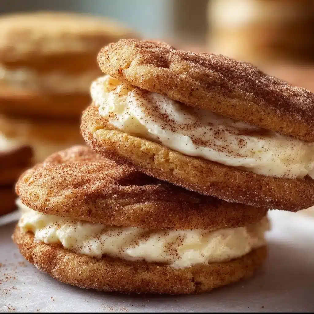 Delicious Eggnog Snickerdoodle Sandwich Cookies stacked on a plate.