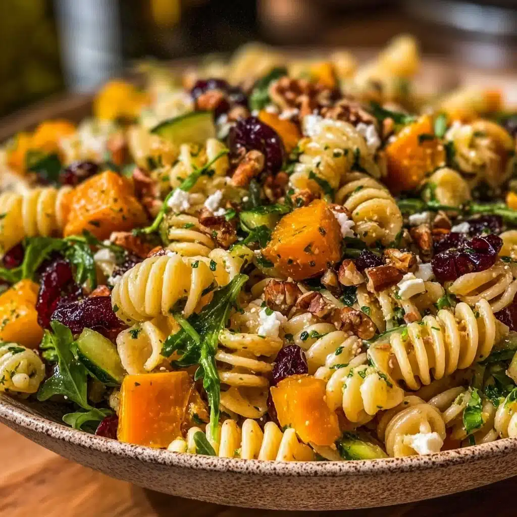 Delicious Fall Harvest Pasta Salad with seasonal vegetables.