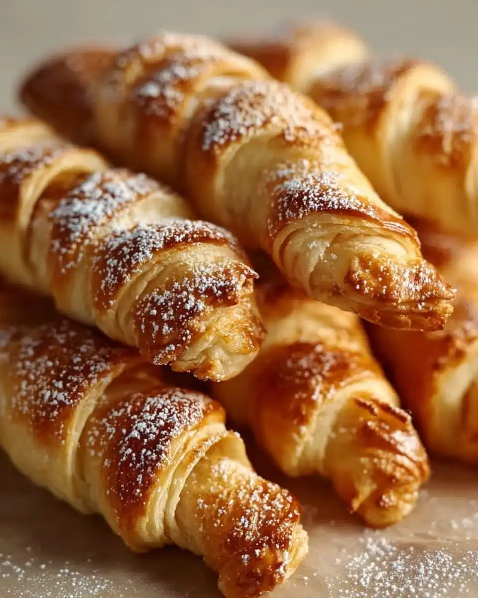 Freshly baked flaky crescent roll cinnamon twists on a baking sheet