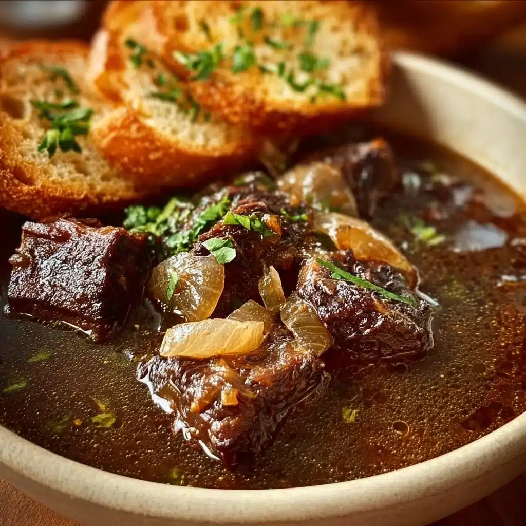 Delicious French Onion Beef Short Rib Soup served in a rustic bowl