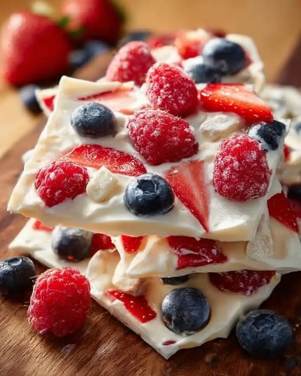 Delicious frozen yogurt bark topped with fruits and nuts