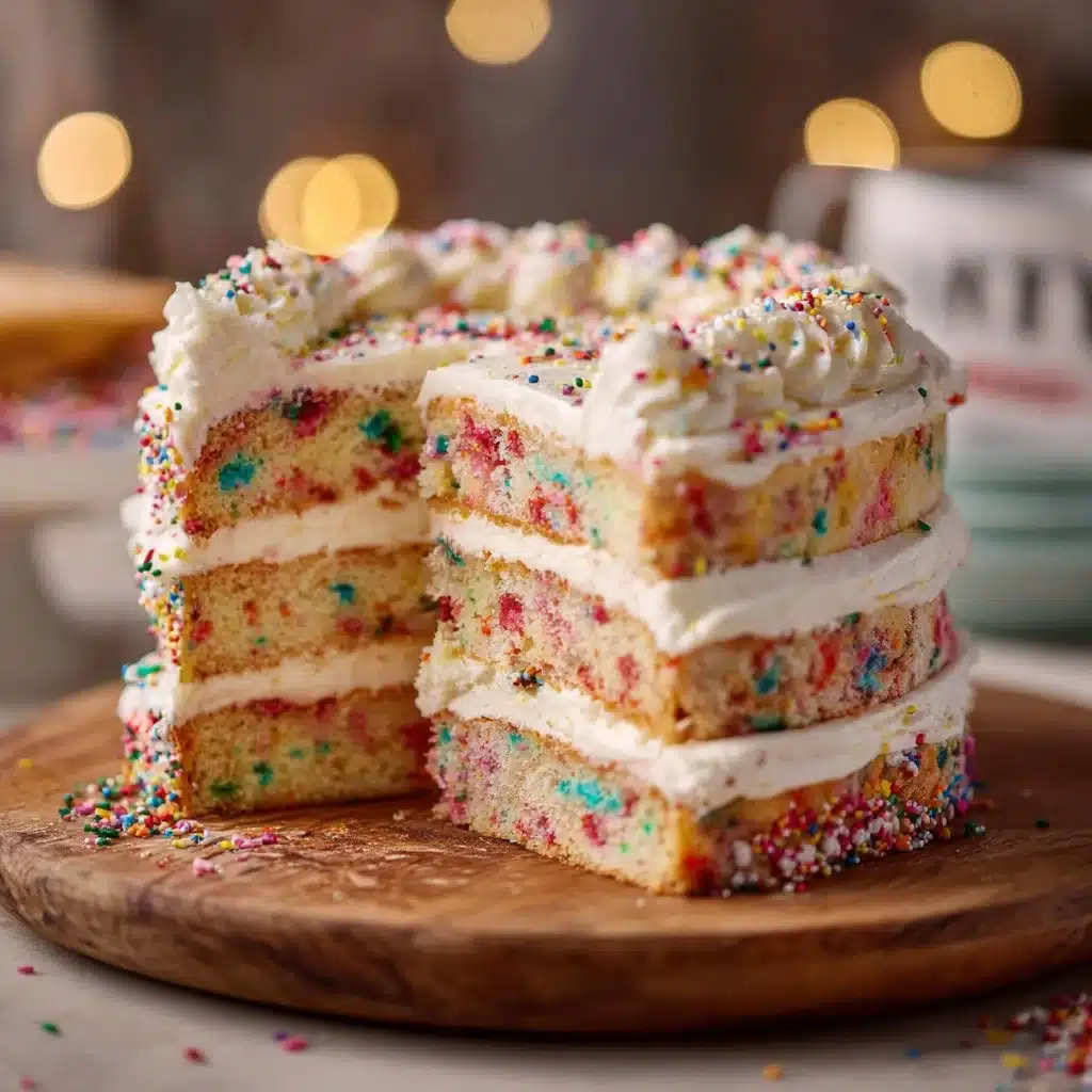 Delicious Funfetti Layer Cake with colorful sprinkles and creamy frosting