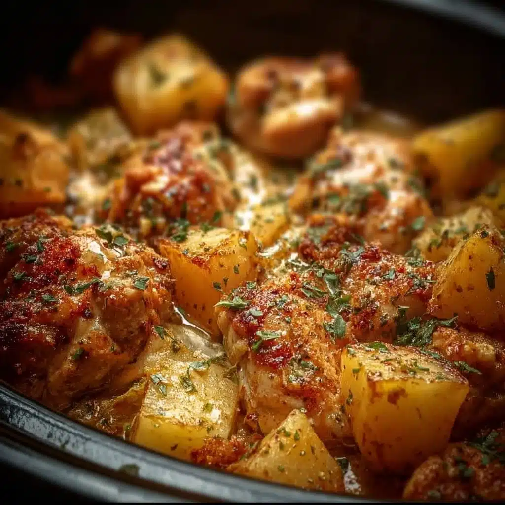 Garlic Parmesan Chicken and Potatoes in a crockpot ready to serve.