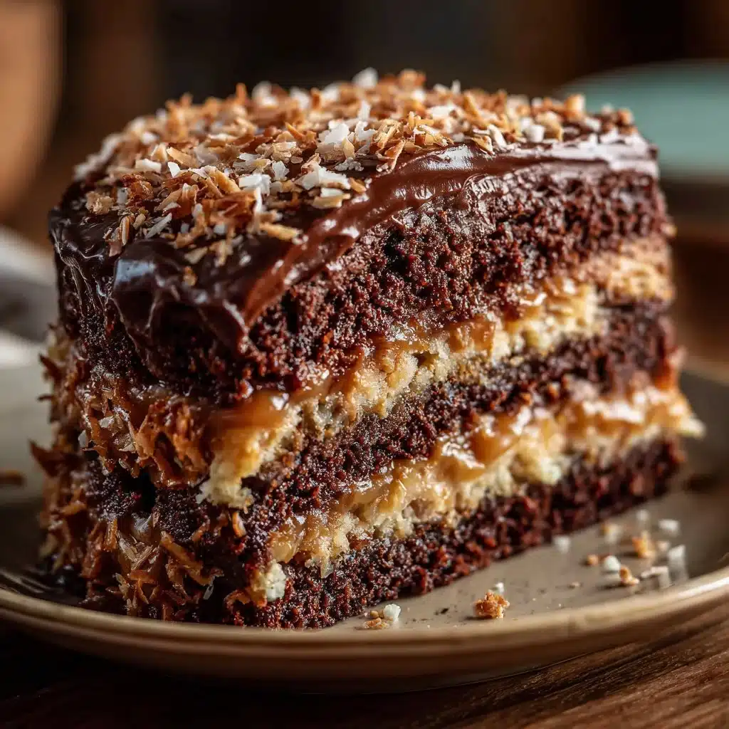 Delicious slice of homemade German Chocolate Cake with chocolate frosting and nuts