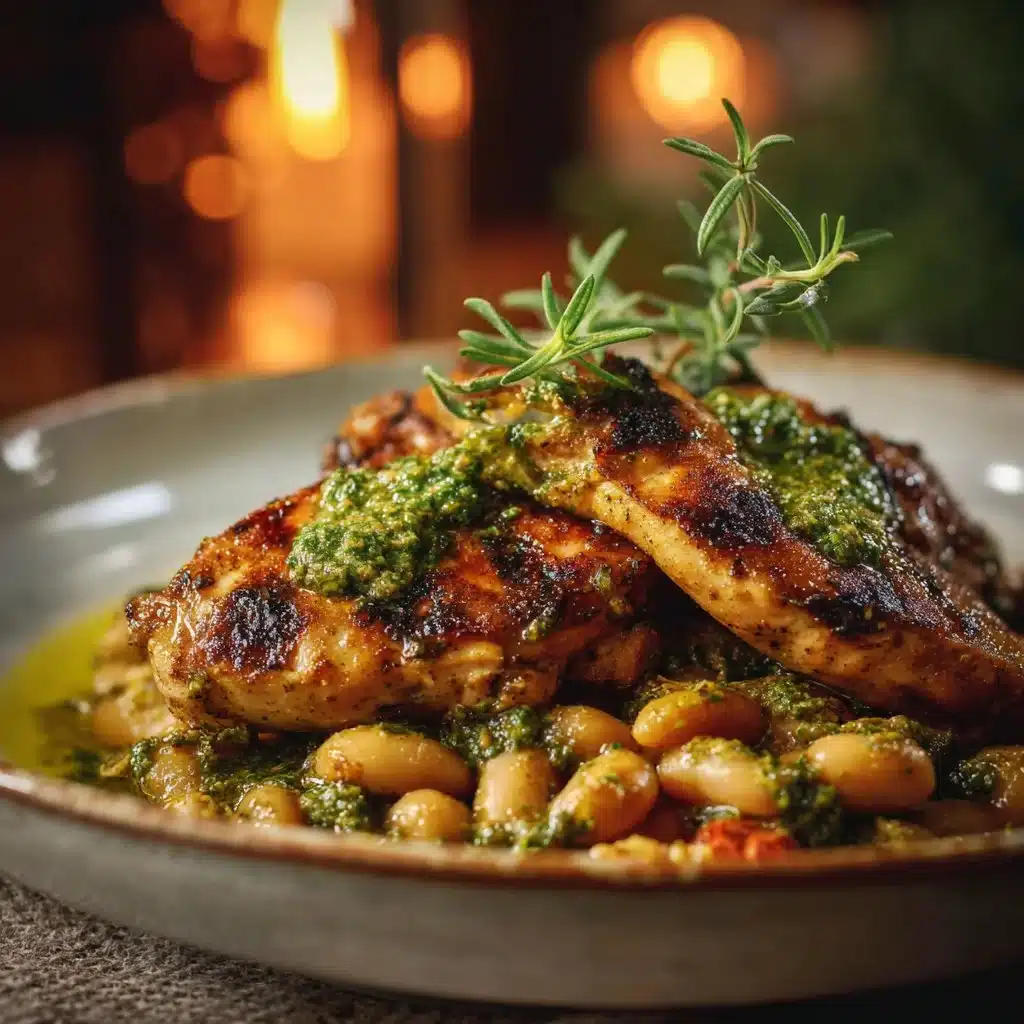Grilled chicken served with basil pesto beans on a plate