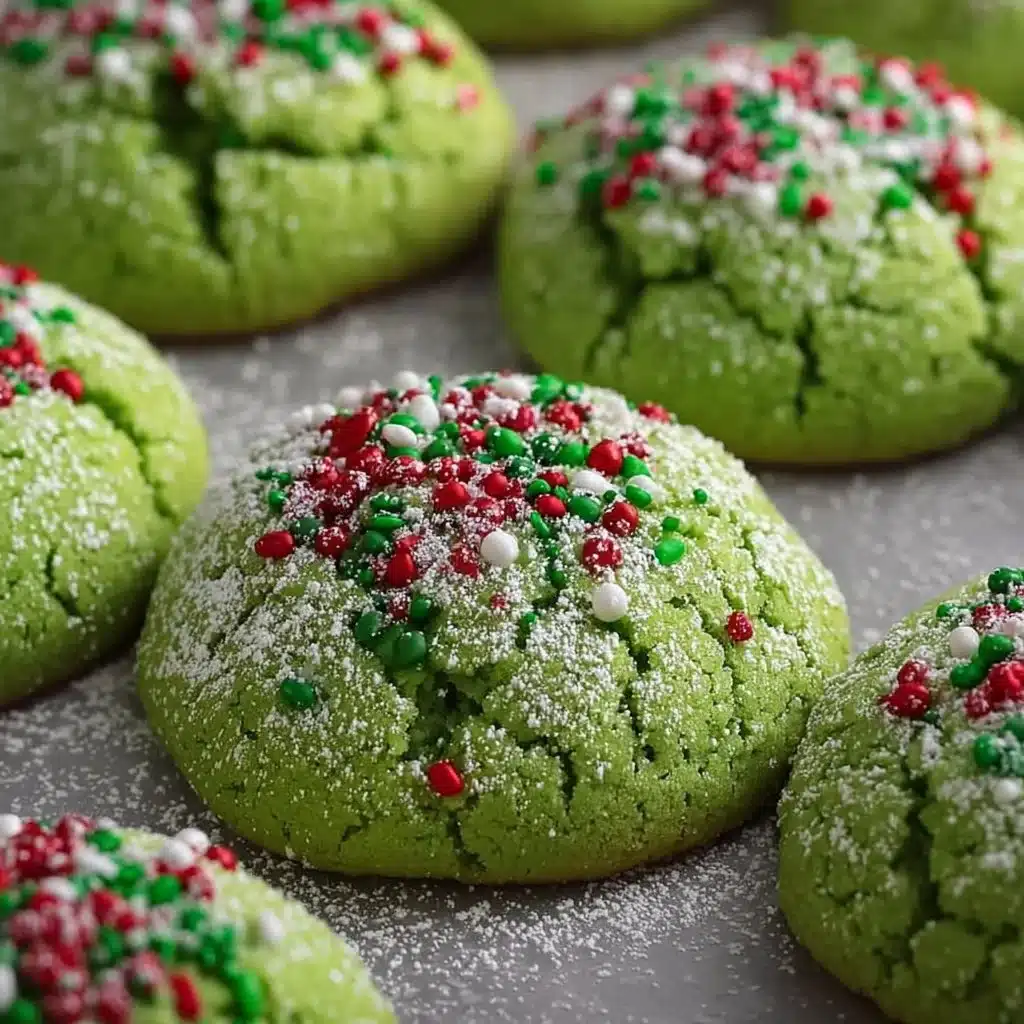Delicious Grinch cookies decorated with festive colors and sprinkles.