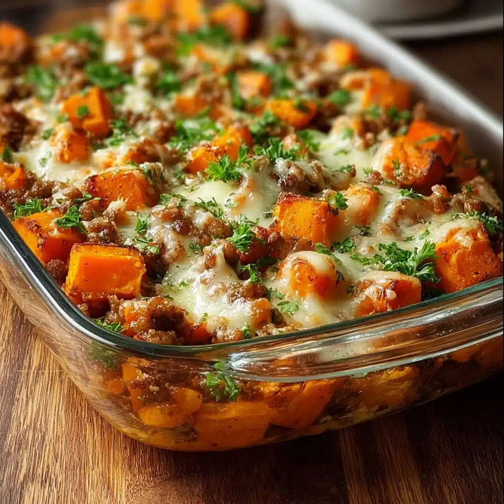 Ground Turkey Sweet Potato Bake in a dish garnished with herbs