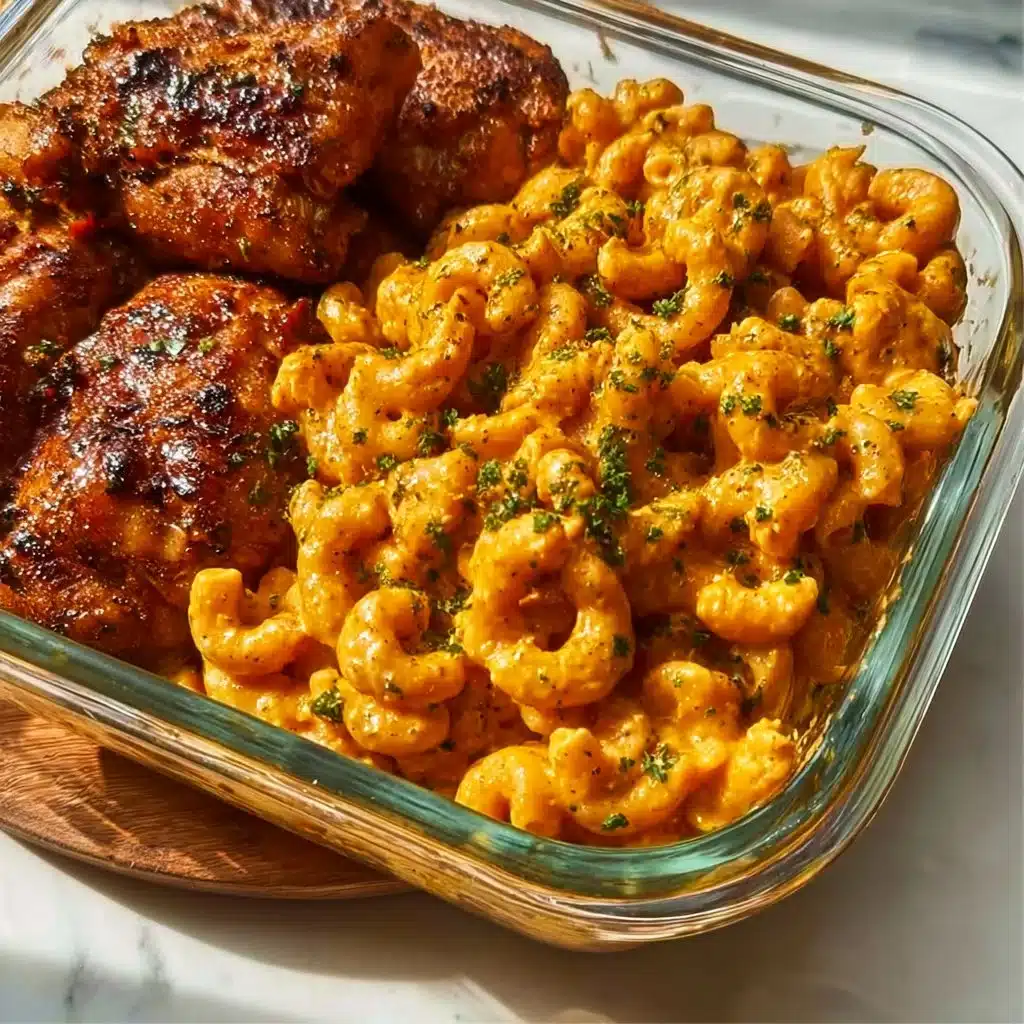 High-protein honey garlic butter chicken served with creamy mac and cheese.