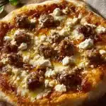 Delicious Hot Sausage Feta Honey Pizza topped with honey and feta cheese
