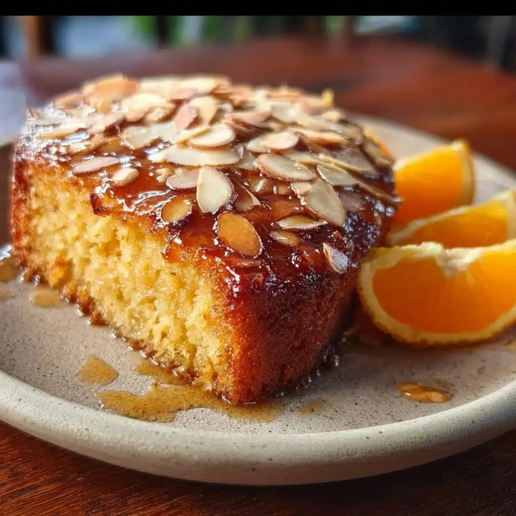 Delicious slice of orange almond cake topped with citrus glaze and almonds.