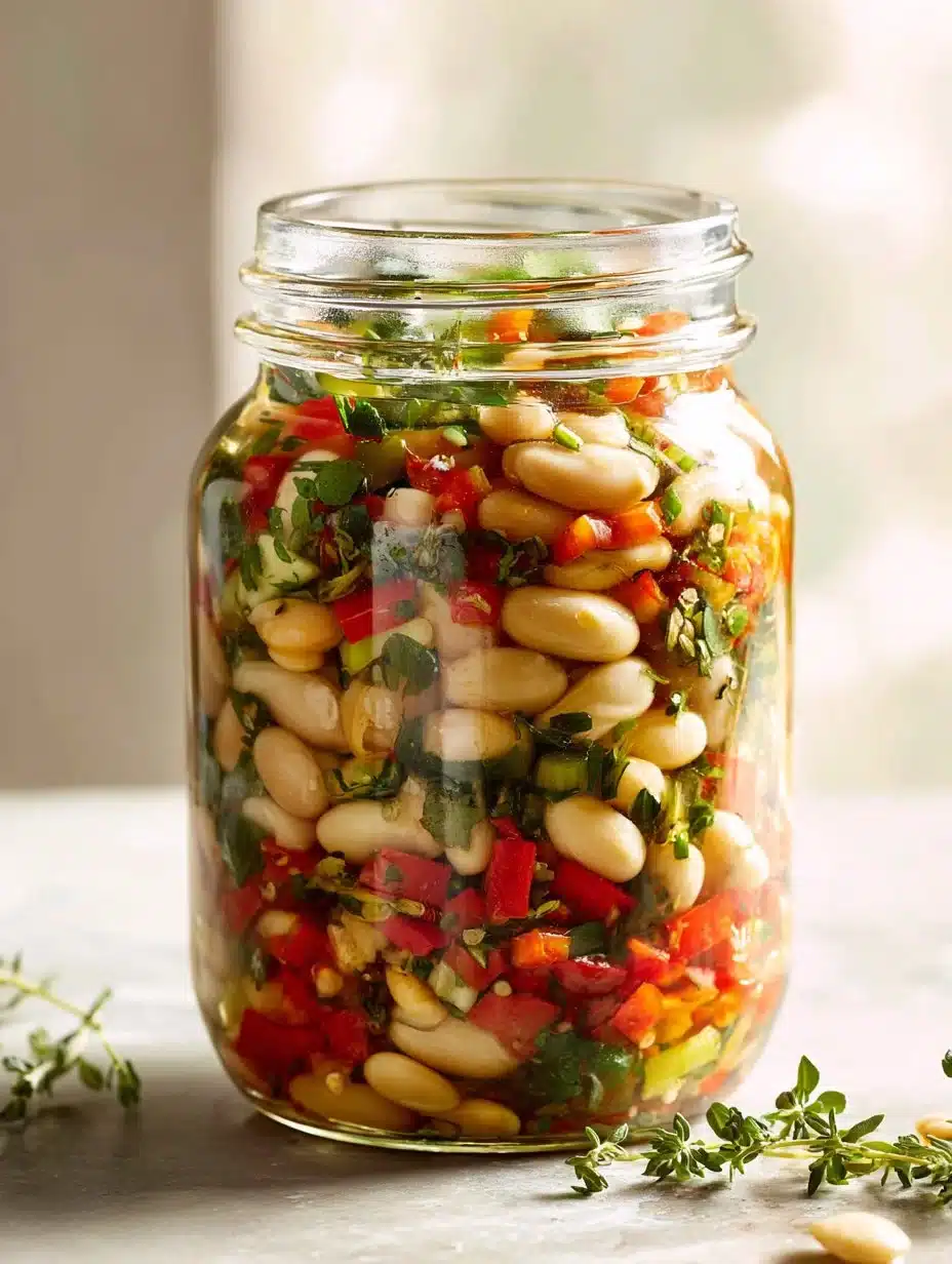 Italian marinated white beans arranged in a bowl with herbs and spices