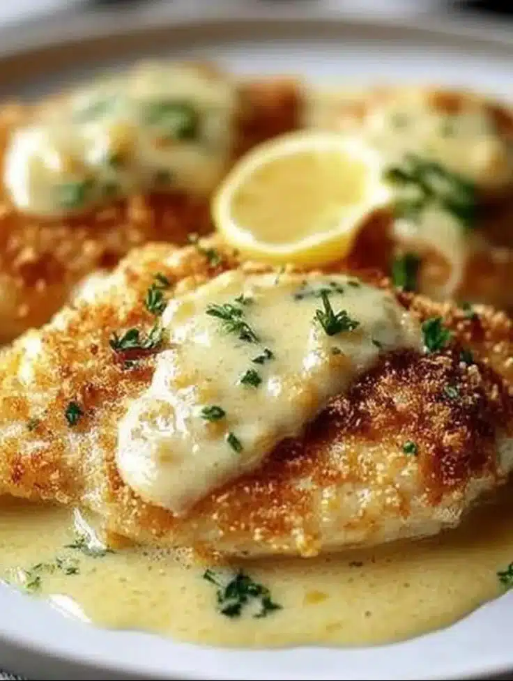 Lemon Pecorino Crusted Chicken with fresh herbs and lemon slices
