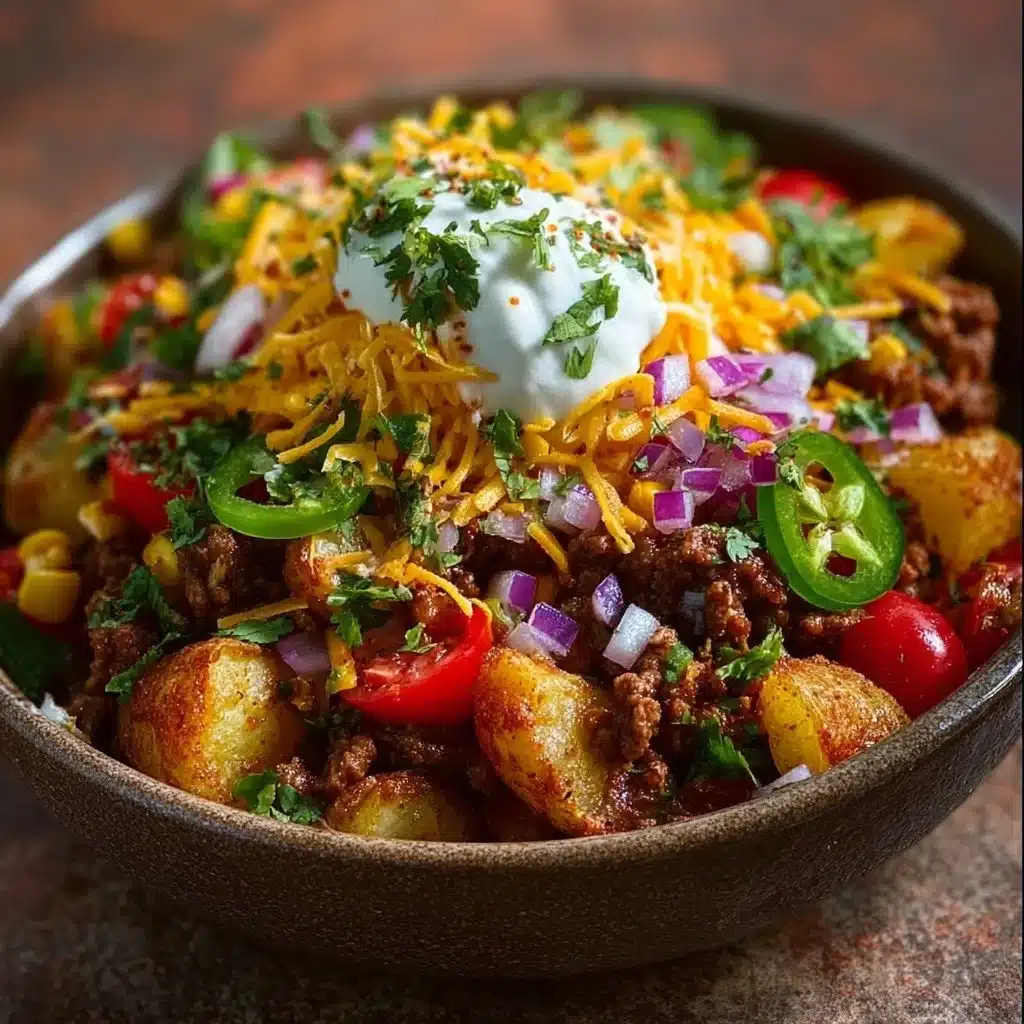 Loaded potato taco bowl with crispy potatoes and fresh toppings.