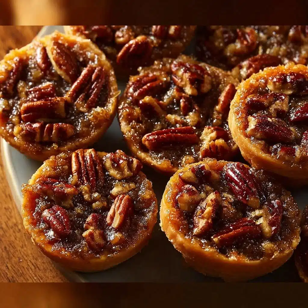 Delicious mini pecan pies served on a rustic wooden table.