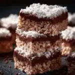 Chocolate-covered Muddy Buddy Rice Krispies treat on a plate.