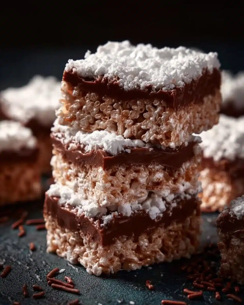 Chocolate-covered Muddy Buddy Rice Krispies treat on a plate.