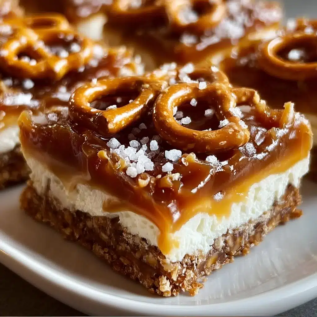 Delicious no-bake salted caramel pretzel bars topped with a sprinkle of sea salt.