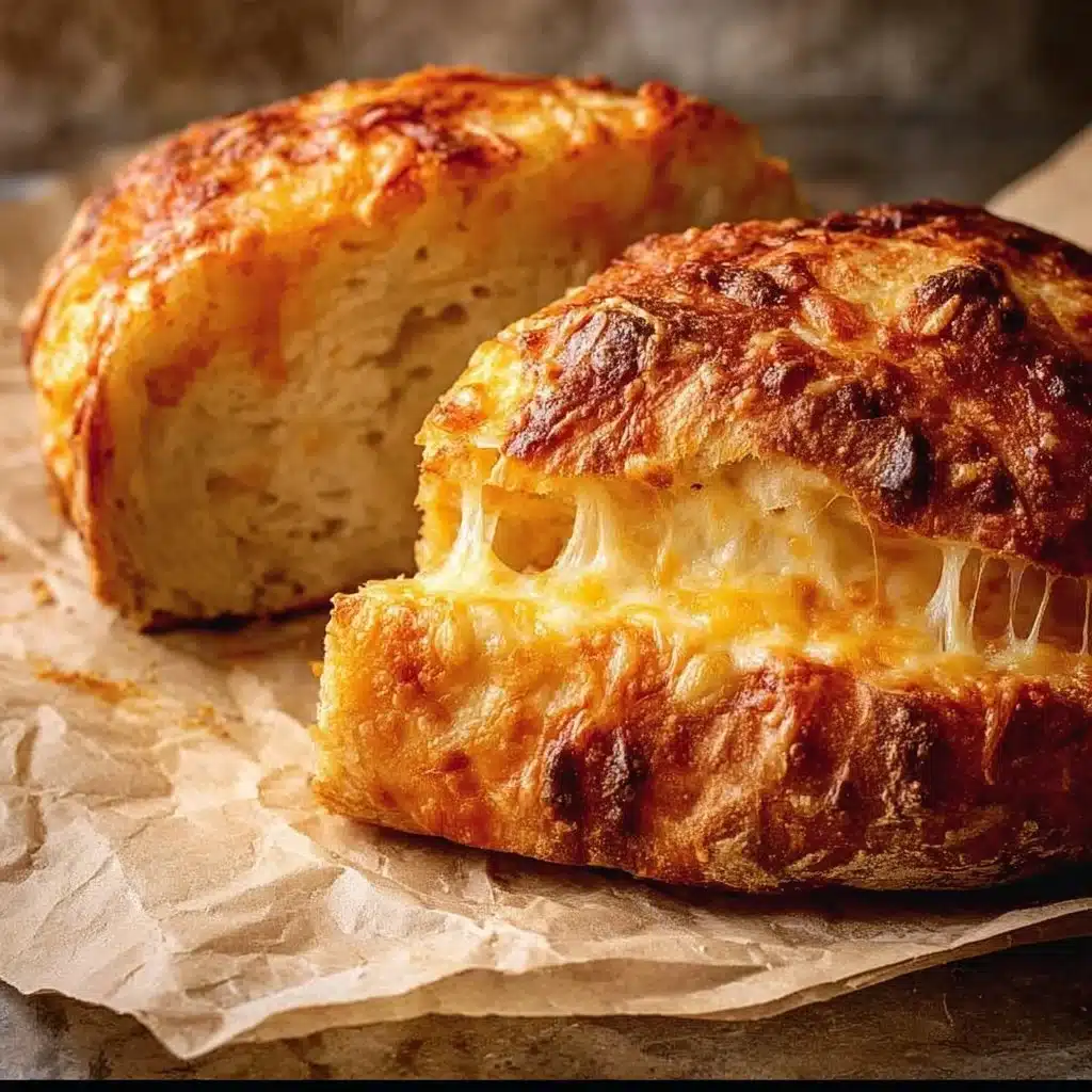 Freshly baked no-knead cheese bread with melted cheese on top.