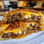 Delicious patty melt pizza with melted cheese, beef, and grilled onions.