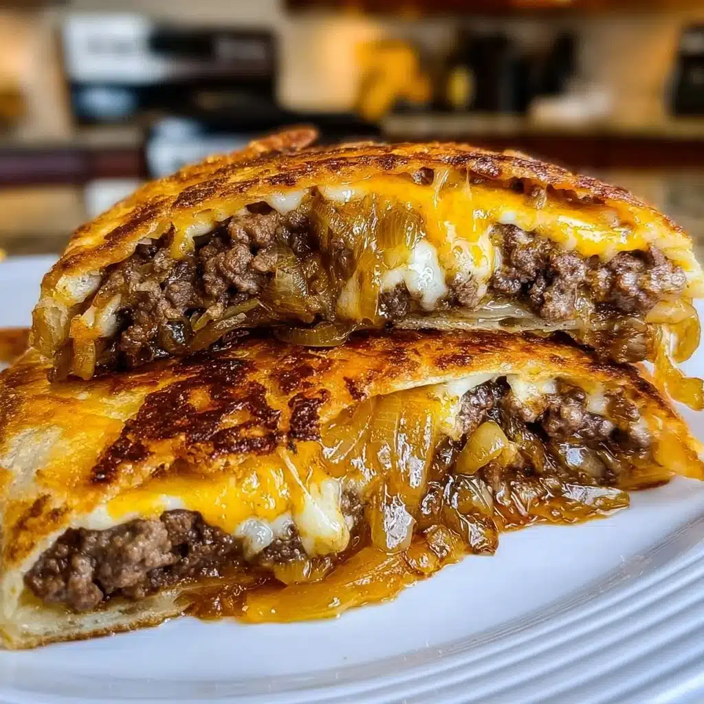 Delicious patty melt pizza with melted cheese, beef, and grilled onions.