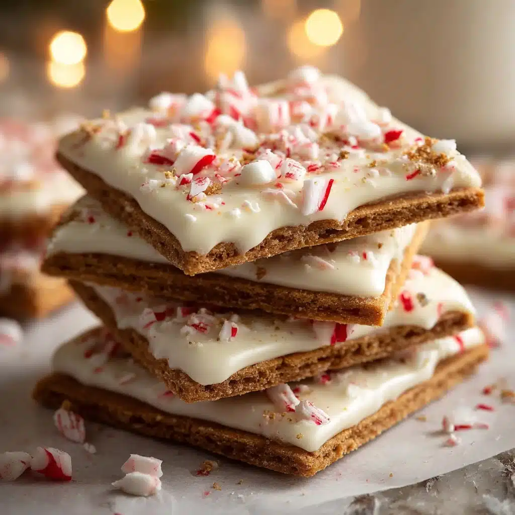 Peppermint crunch white chocolate covered graham crackers on a festive plate