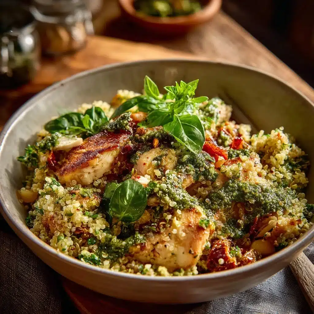 Healthy Pesto Chicken Quinoa Bowl recipe with vibrant colors and fresh ingredients.