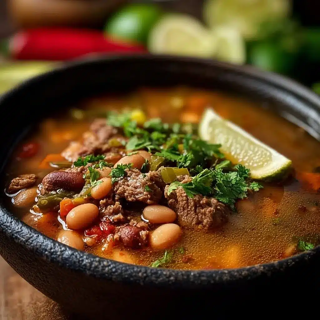 A bowl of beef soup with pinto beans and green chile, garnished with herbs.