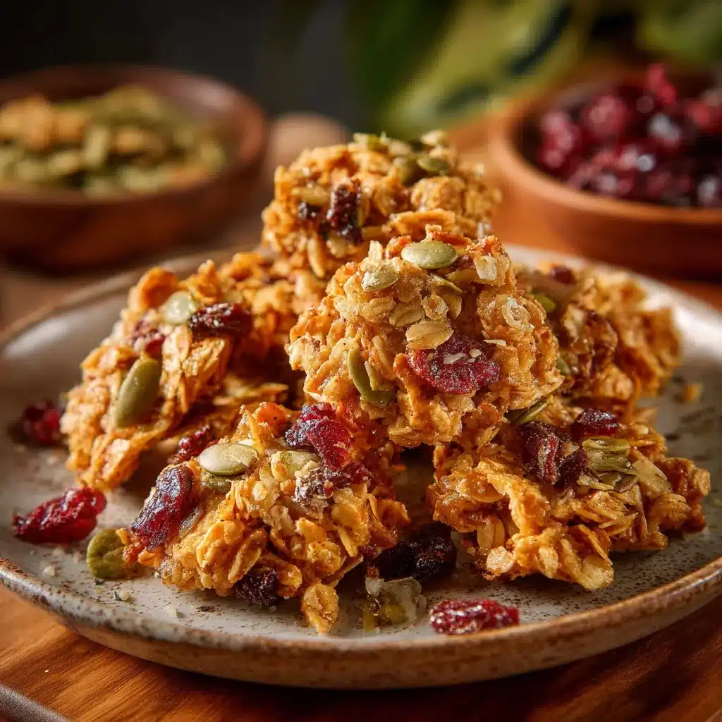 Bowl of pumpkin seed granola clusters with nuts and seeds for a healthy snack.