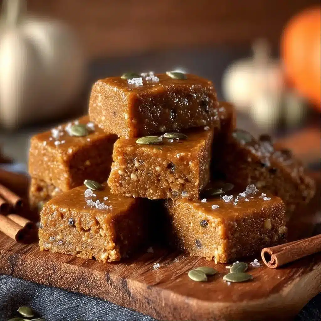 Pumpkin spice protein bars stacked on a wooden table with autumn leaves