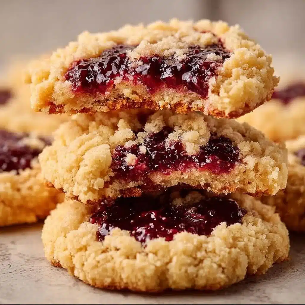 Raspberry-Filled Almond Snowball Cookies on a plate with dusting of powdered sugar.