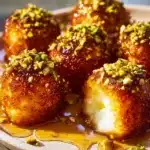 Delicious Ricotta Pistachio Honey Bites drizzled with honey and topped with pistachios.