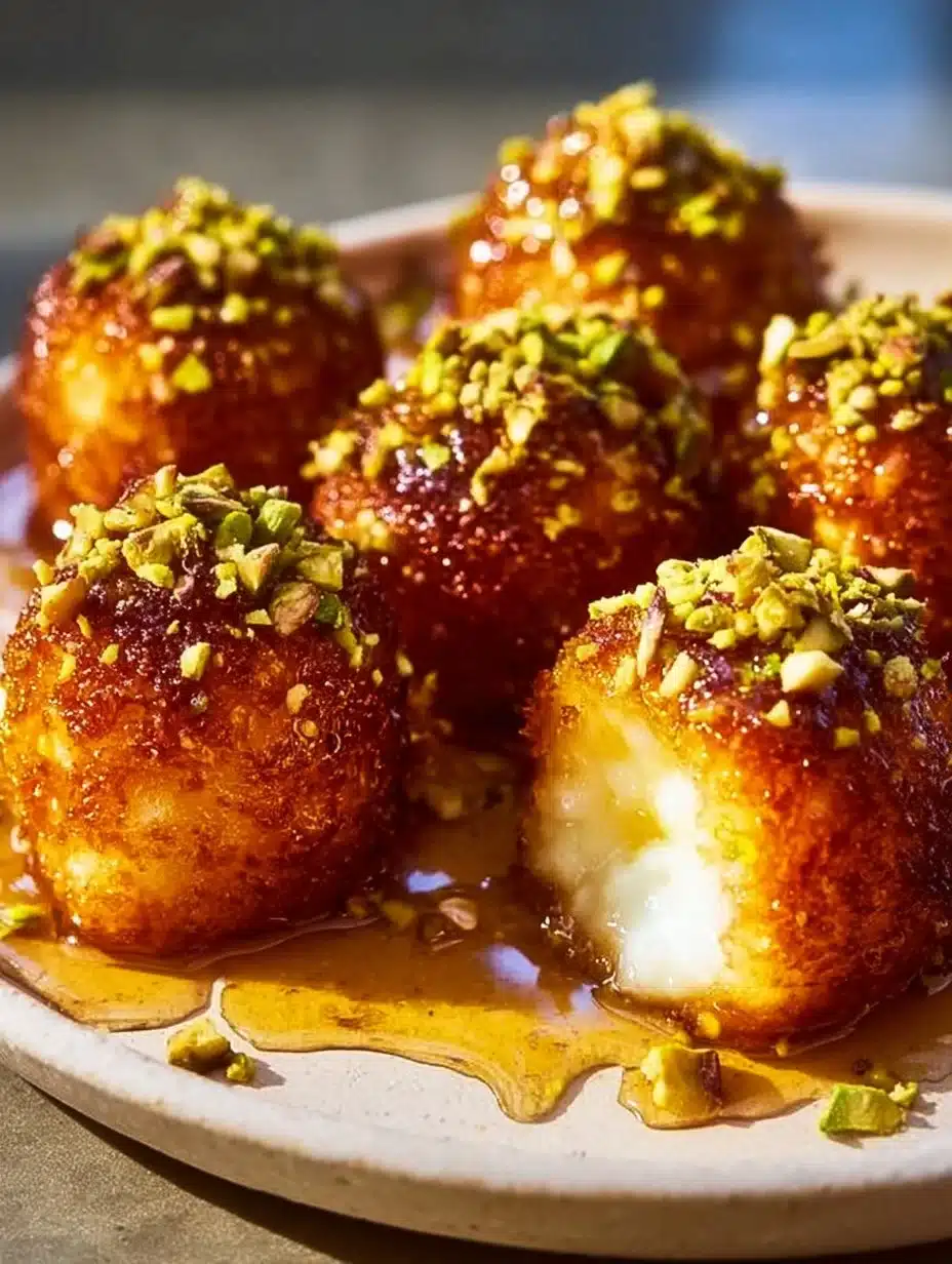Delicious Ricotta Pistachio Honey Bites drizzled with honey and topped with pistachios.